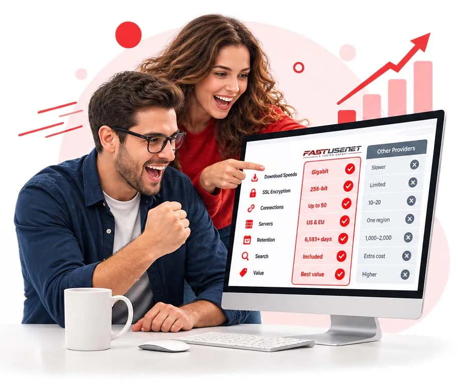 Team pointing at a monitor comparing Usenet providers