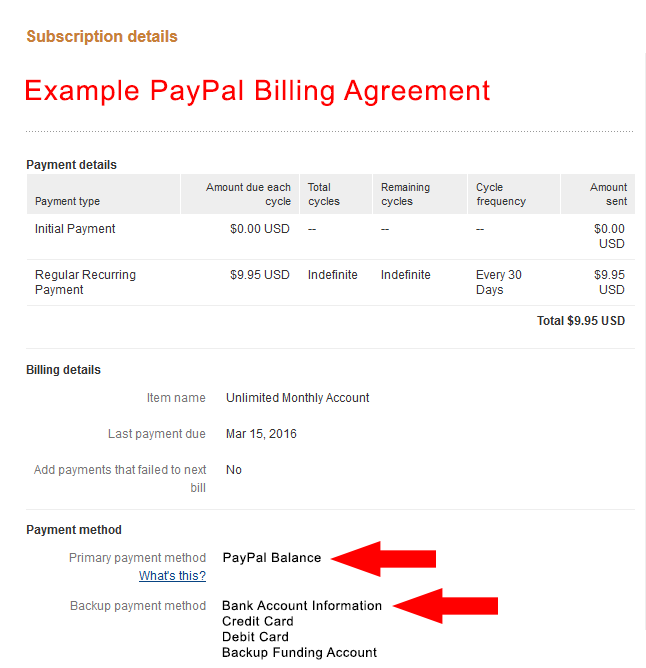 PayPal billing agreement update